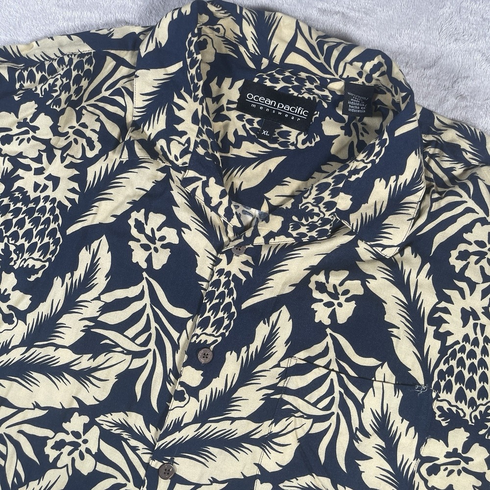 Ocean Pacific Button Up Hawaiian Shirt Men‎ XL Navy Pineapple Floral Rayon